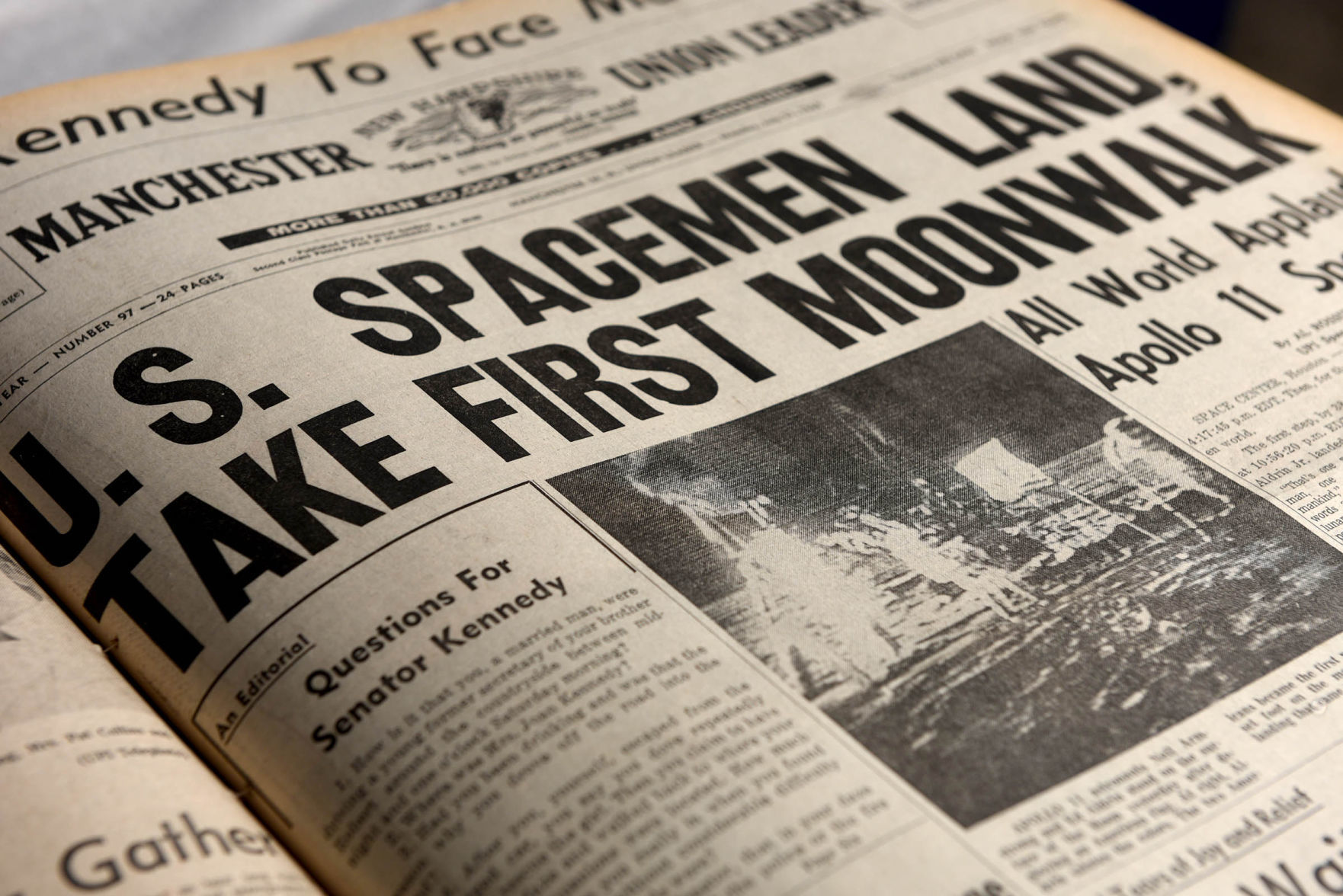 Apollo 11 coverage in Manchester Union Leader from the Monday July 21, 1969 edition.